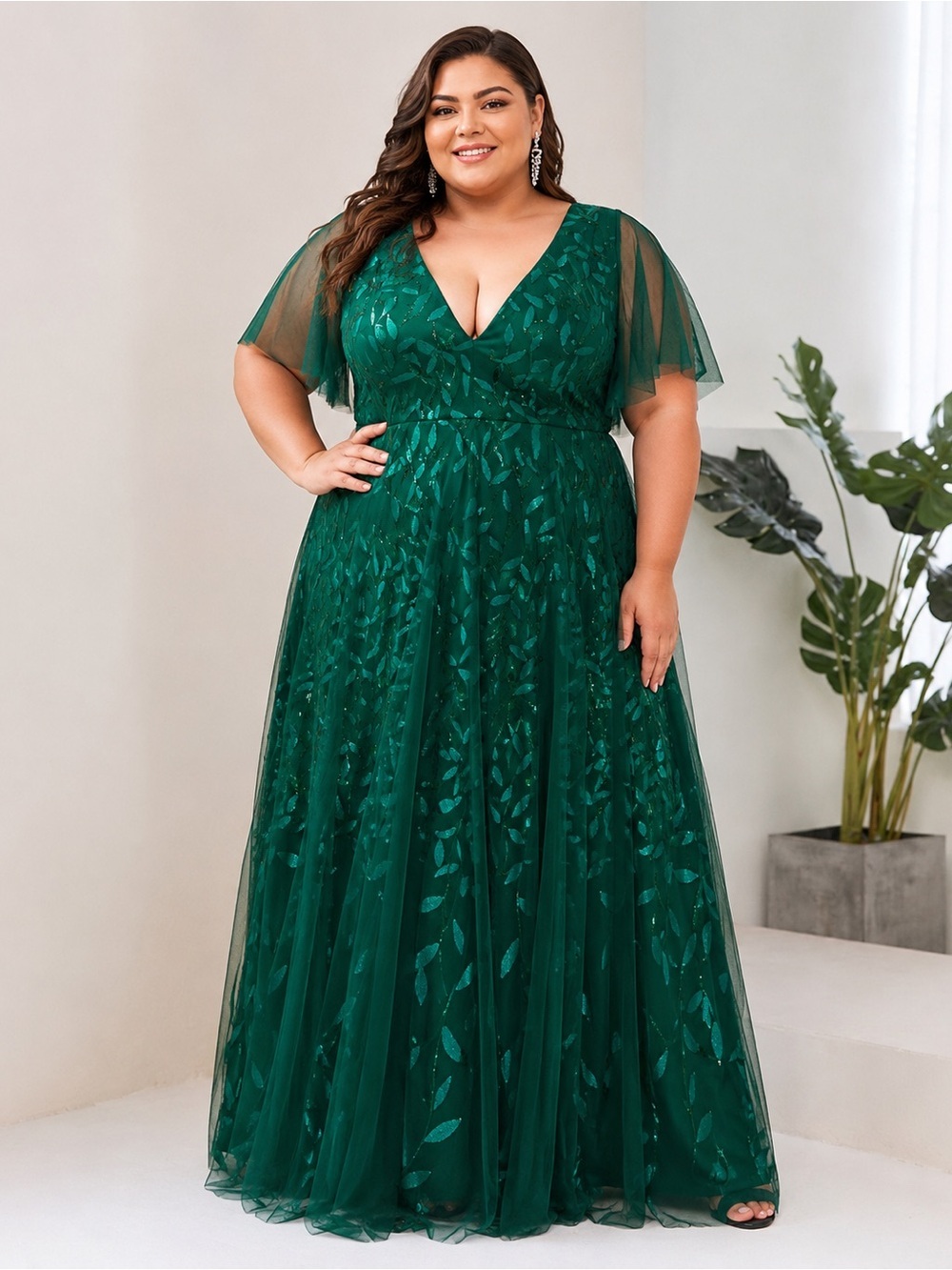 Ever-Pretty US 22 Emerald Green Sequin Leaf Tulle Maxi Gown  Formal Evening D